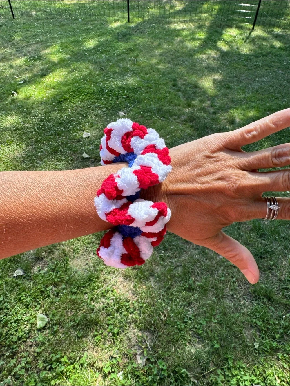Colorful Large striped Red White Blue Scrunchie NEW
